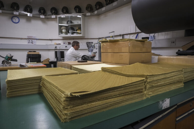 Switzerland, Geneve, 2024-04-23. In the DuPont laboratory near Geneva, Kevlar is cut, sewn and shot at to certify the bo