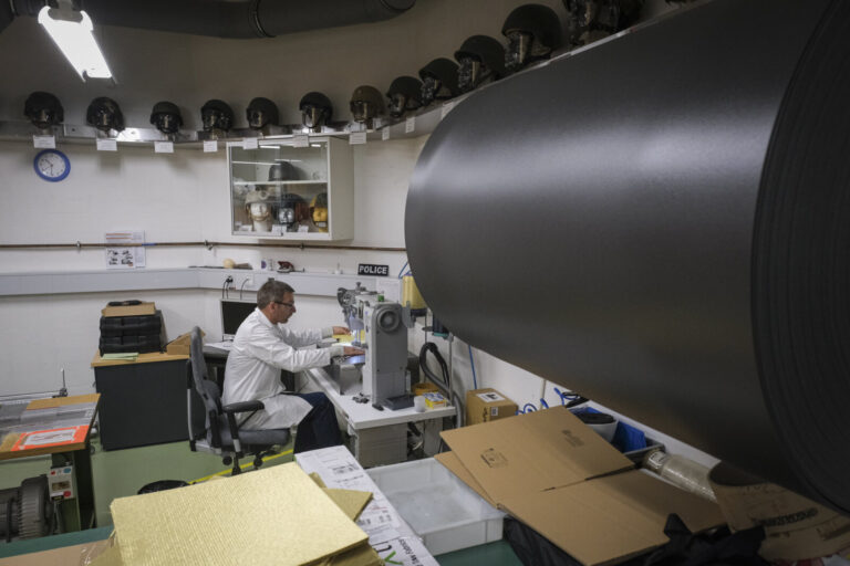 Switzerland, Geneve, 2024-04-23. In the DuPont laboratory near Geneva, Kevlar is cut, sewn and shot at to certify the bo