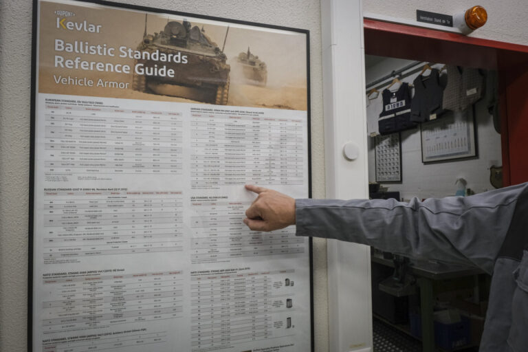 Switzerland, Geneve, 2024-04-23. In the DuPont laboratory near Geneva, Kevlar is cut, sewn and shot at to certify the bo