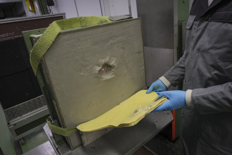 Switzerland, Geneve, 2024-04-23. In the DuPont laboratory near Geneva, Kevlar is cut, sewn and shot at to certify the bo