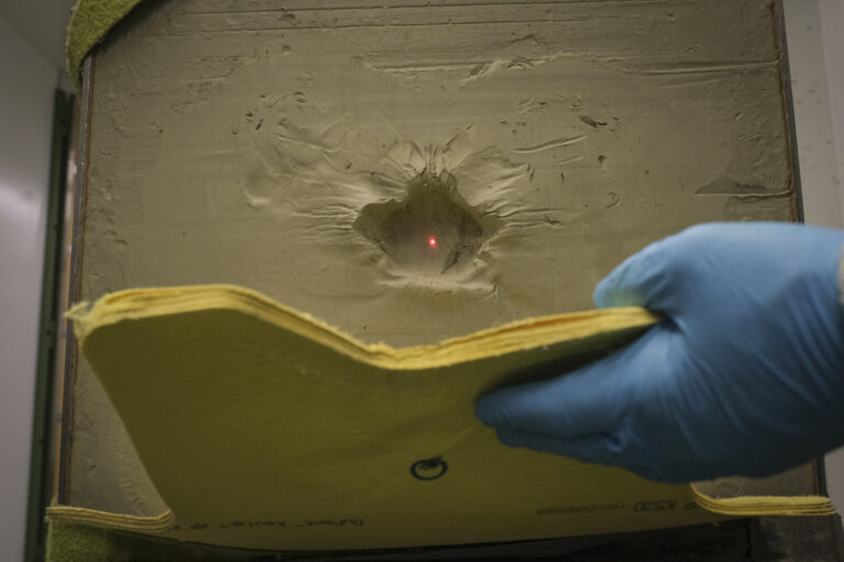 Switzerland, Geneve, 2024-04-23. In the DuPont laboratory near Geneva, Kevlar is cut, sewn and shot at to certify the bo
