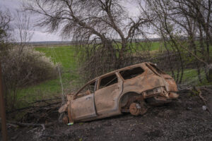 Ukraine, Pavlograd, 2026-04-24. Kilometres of netting strung on poles turn the supply roads of the Ukrainian rear into c