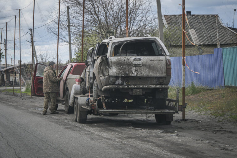 Ukraine, Pavlograd, 2026-04-24. Kilometres of netting strung on poles turn the supply roads of the Ukrainian rear into c
