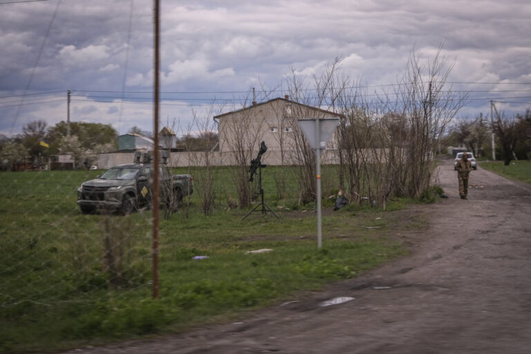Ukraine, Pavlograd, 2026-04-24. Kilometres of netting strung on poles turn the supply roads of the Ukrainian rear into c