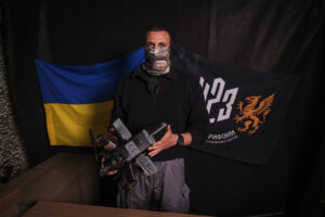 Ukraine, Zaporijia, 2026-04-23. An operator of the 423rd unmanned systems battalion of the Ukrainian army presents the d