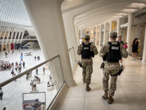 United States of America, New York, 2026-08-06. A National Guard patrol inside the transport hub of Lower Manhattan in A